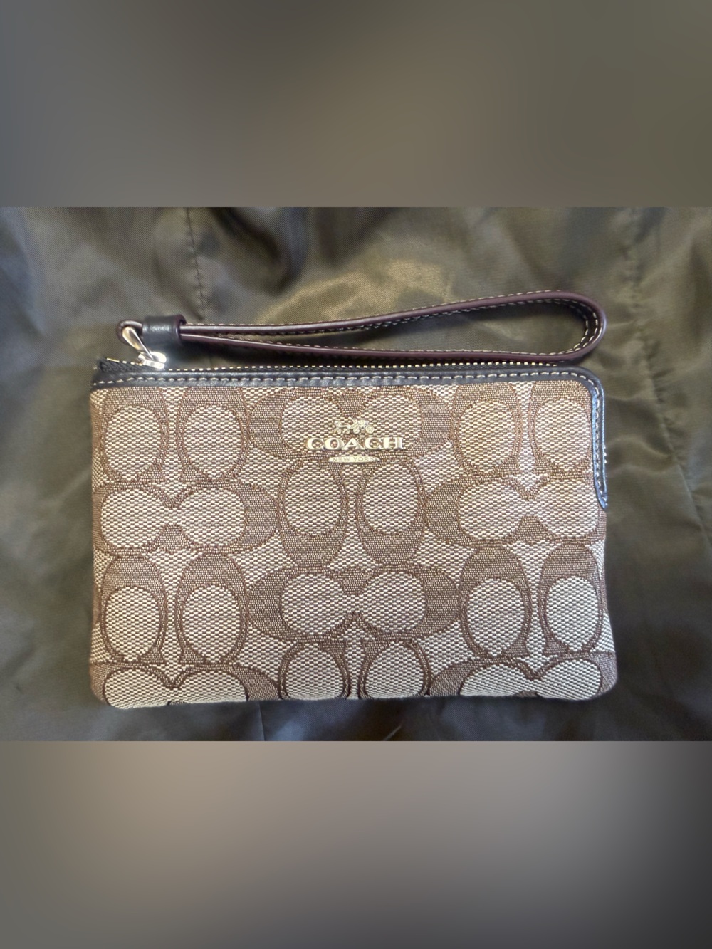 COACH Brown Signature Canvas Wristlet with Leather Strap